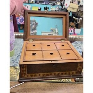 Wooden Curiosity, Sewing, Jewelry Box with Intricate Aprox 1890 Hidden Spot
